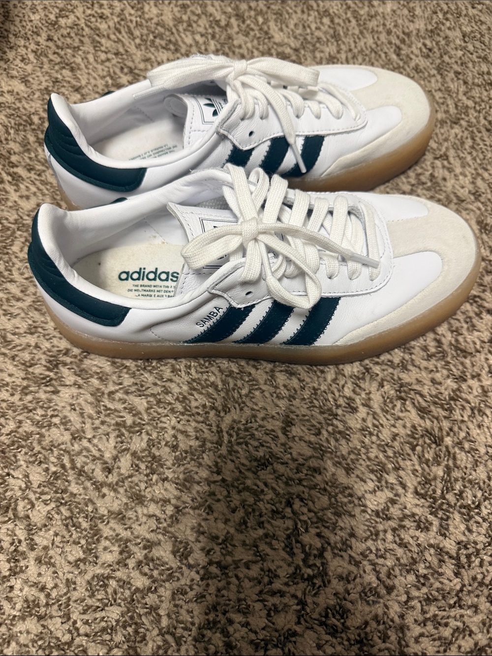 adidas samba White Sneakers with Dark Green Stripes.